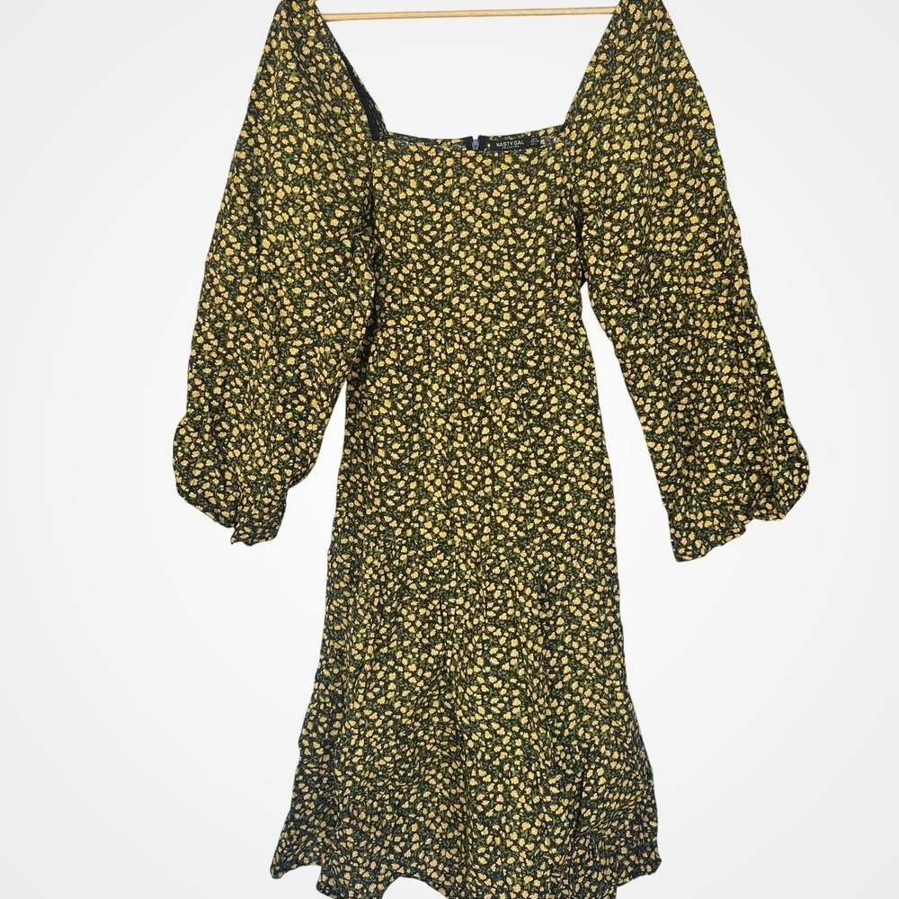 Nasty Gal Black and Yellow Floral Long Sleeve 100% Cotton Cottagecore Dress